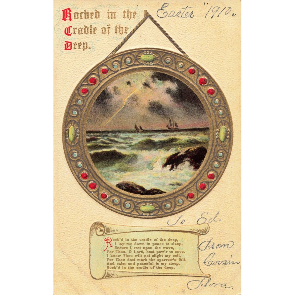 Antique 1910 Easter Postcard Rocked in the Cradle of the Deep Saxony Embossed VG - Picture 1 of 2